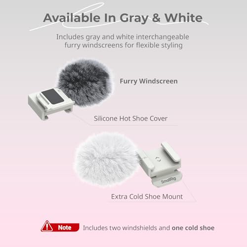 SmallRig Furry Windscreen Kit (2pcs) for Canon EOS R50 V Camera, Cold Shoe Adapter with Wind Muff, Noise-Reduction, Includes Gray and White, for Light Microphone Attachment - 5434