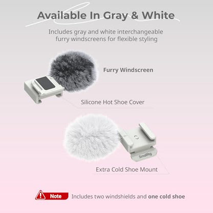 SmallRig Furry Windscreen Kit (2pcs) for Canon EOS R50 V Camera, Cold Shoe Adapter with Wind Muff, Noise-Reduction, Includes Gray and White, for Light Microphone Attachment - 5434