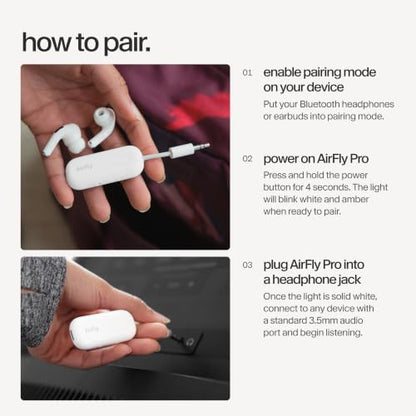Twelve South AirFly Pro, Bluetooth Wireless Audio Transmitter, White | Bluetooth Adapter for AirPods/Headphones, 20+ Hr Battery, Works with 3.5mm aux Jacks on Airplanes, TVs, Gym Equipment, Travel - color: White, style: AirFly Pro