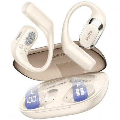 OHAYO Open Ear Headphones,Earbuds with Ergonomic Earhook,Bluetooth Headphones 5.4 with Smart Digital Display,40H Playtime,IPX6 Waterproof,Touch Control Earphones Fit Cycling,Running,Workout(Beige) - color: Beige