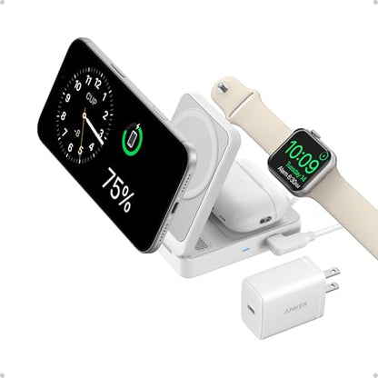 Anker MagGo 3-in-1 MagSafe-Compatible Qi2 15W Foldable Charging Station | Qi2-Certified Wireless Charging Stand for iPhone 17 - 12 Series, AirPods, Apple Watch Ultra(Non-Battery, Adapter Included) - color: White
