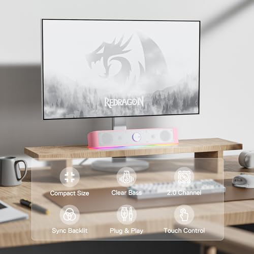 Redragon GS560 RGB Desktop Soundbar, Dynamic Lighting Bar with Audio Sync | 2.0 Stereo Enhanced Auido Quality, Touch-Control Backlit, Volume Knob, Plug & Play USB Powered Computer Speaker - color: Pink