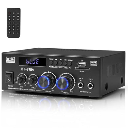 Romica Stereo Audio Amplifier, 2 Channel 450W Bluetooth 5.0 Home Audio Stereo Receiver with FM Radio, USB, SD, Optical & Coaxial Inputs, Amplifier for Passive Speakers and Active subwoofer