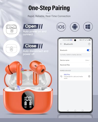 Wireless Earbuds, Bluetooth 5.4 Headphones Bass Stereo, Ear Buds with Noise Cancelling Mic, IP7 Waterproof in Ear Earphones, 36H LED Display Bluetooth Earbuds for Laptop Pad Phones, Deep Orange | Ear Buds with Noise Cancelling Mic LED Display, 36H, IP7 Wa