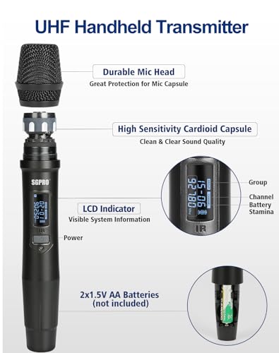 SGPRO D-332HB Dual UHF Wireless Microphone System, Handheld and Bodypack | Handheld, head-worn and lavalier mics, Karaoke, DJ, church, classroom, live performance and PA systems