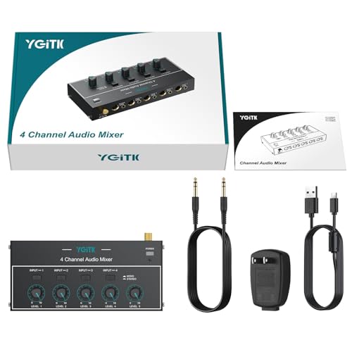 Mini Audio Mixer, 4 Channel Stereo Line Mixer 1/4" & 1/8" TSR Audio Output Input Jack, Line Mixer Stereo/Mono Independent Control and Switch for Guitars,Bass,Keyboards, Dynamic Microphone - size: Medium(4-channel)