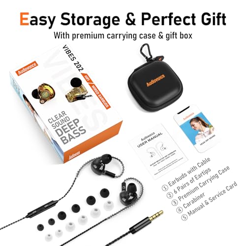 Audiovance Vibes 202M HiFi Wired Earbuds in-Ear Monitor Headphones with Mic | Clear Sound, Deep Bass, Noise-Isolating Ear Buds, Silver-Plated Cord, Gaming IEM Earphones, Comfort Fit, Case, 3.5mm Plug