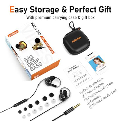 Audiovance Vibes 202M HiFi Wired Earbuds in-Ear Monitor Headphones with Mic | Clear Sound, Deep Bass, Noise-Isolating Ear Buds, Silver-Plated Cord, Gaming IEM Earphones, Comfort Fit, Case, 3.5mm Plug