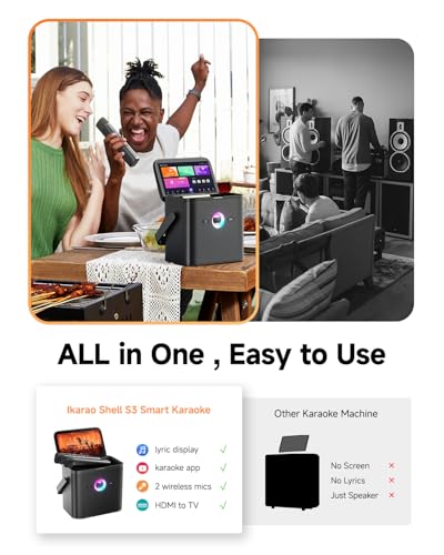 Ikarao Karaoke Machine for Adults, with Lyrics Display Screen, WiFi for YouTube & Karaoke Apps, HDMI to TV, 2 Wireless Microphones, Portable Autotune EQ Karaoke Speaker for Family Home Party Camping