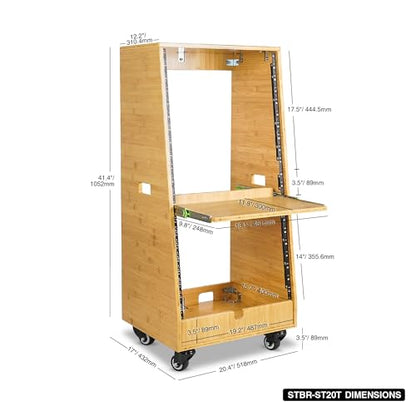 Sound Town DIY Solid Carbonized Bamboo Slanted 20U Studio Rack (12U Top + 8U Lower), with 2U Bottom Storage, Slide-Out Tray, Caster, For Recording Room, Home Studio (STBR-ST20T) - size: 20U(12U Top + 8U Lower),Carbonized Bamboo