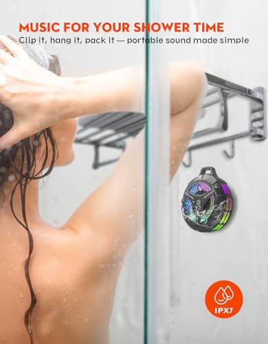 Waterproof Bluetooth Shower Speaker with Suction Cup, IPX7 Bathroom Speaker, 15W Loud Stereo Sound, Deep Bass, TWS Pairing, RGB Lights, Portable Speaker Gift for Men & Women