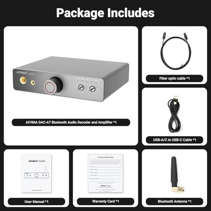 AIYIMA DAC A7 Bluetooth Desktop DAC Headphone Amplifier for Music,PC,Gaming | ESS ES9038Q2M DAC,QCC3084 Bluetooth,USB-C,Opt & Coax input with RCA,3.5mm and 6.35mm outputs for 16–600Ω headphone,PS5 & Xbox