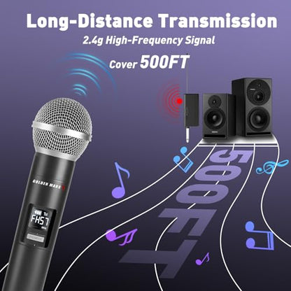 Handheld Wireless Microphones for Karaoke Singing with 500 FT Reception | 2.4GHz, Rechargeable Dual Microfonos Inalambricos Set Stable Receiving for DJ Church Party Wedding Speaking Meeting Classroom