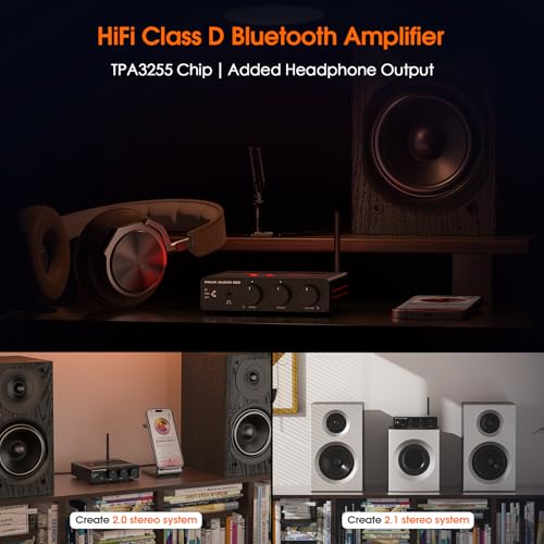 Douk Audio 2 Channel Bluetooth Amp: HiFi Stereo Amplifier | 300W×2 TPA3255 | Class D PFFB | Bass Treble Control | Headphone Out for Home Theater, Bookshelf Speakers (48V PSU)