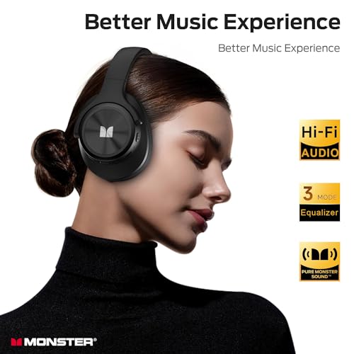Monster Mission 450 Bluetooth Headphones, 60H Playtime,Deep Bass for Home Office Cellphone PC Ect, Wireless Headphones with 3 EQ Modes, (Black)