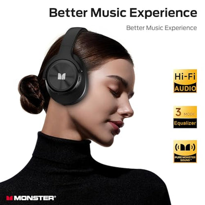 Monster Mission 450 Bluetooth Headphones, 60H Playtime,Deep Bass for Home Office Cellphone PC Ect, Wireless Headphones with 3 EQ Modes, (Black)