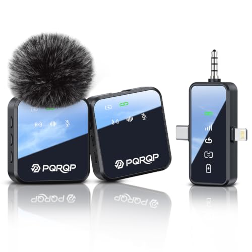 PQRQP 3 in 1 Wireless Mini Microphone for iPhone, Android, Camera,328ft Range, 18H Battery Life,High-Fidelity Audio Clip on Mic for Content Creators-Soot Black