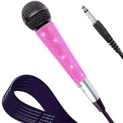 Black XLR Wired Vocal Microphone with Pink Rhinestone Sleeve | Wired Mic Uses Cardioid Pickup For Focused Vocals; 11.5-Ft Lead And Pink Crystal Cover and Band Suit Stage Or Karaoke