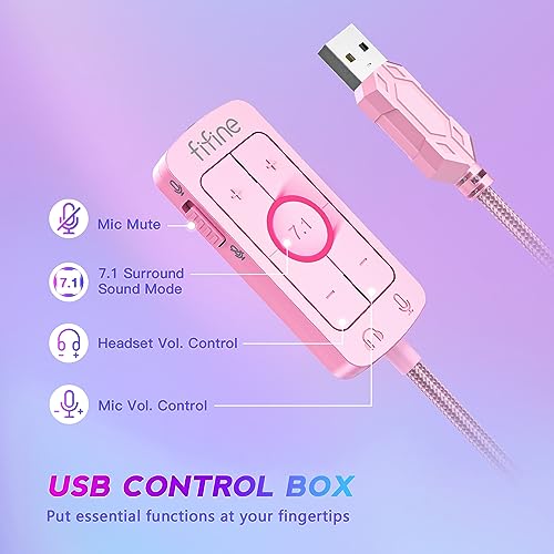 FIFINE USB Gaming Headset, PC Over-Ear Wired Streaming Headset with 3.5mm Jack, Detachable Microphone, 7.1 Surround Sound, Control Box, Passive Noise Cancellation, for PS5/Xbox/Switch-H9 Pink | Balanced Audio, 7.1 Surround Sound, Total 10ft Long Cable, De