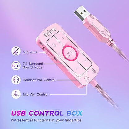 FIFINE USB Gaming Headset, PC Over-Ear Wired Streaming Headset with 3.5mm Jack, Detachable Microphone, 7.1 Surround Sound, Control Box, Passive Noise Cancellation, for PS5/Xbox/Switch-H9 Pink | Balanced Audio, 7.1 Surround Sound, Total 10ft Long Cable, De