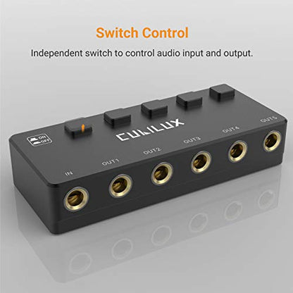 Cubilux 5-Way 6.35mm Stereo Audio Splitter with Switch, Passive Multi 1/4” AUX Distributor, Quarter Inch TRS Splitter Box/HUB for Instrument Cable, Headphones, Speaker, Guitar, Keyboard, Pedal - color: Black, Switcher Control