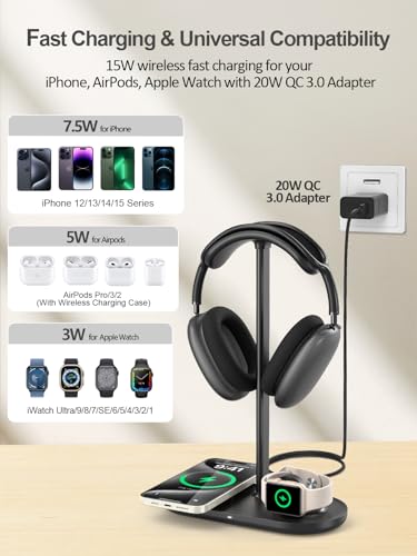4 in 1 Headphone Stand, Airpod Max Charger Stand with 15W Wireless Charger | Headset Holder for AirPods Max 2/Pro/iWatch/Vision Pro, Charging for iPhone 17/16/15/14/13/12/11/X, Aluminum Alloy Rod, Black - color: Dark Black