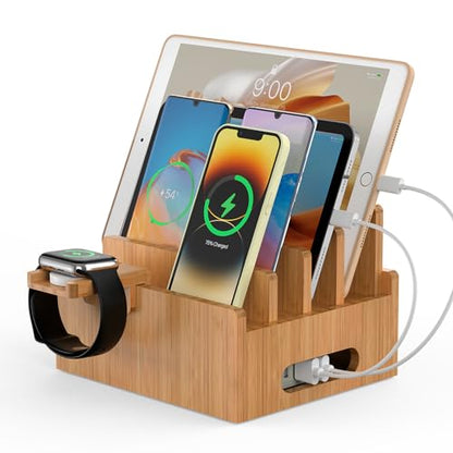 Pezin & Hulin Bamboo Charging Stand with Pack 5 Cables-Natural Bamboo | Dock Organizer for Multi Devices, Cell Phone, Tablets, Smart Watch, No Power Charger Block - color: Without Charger