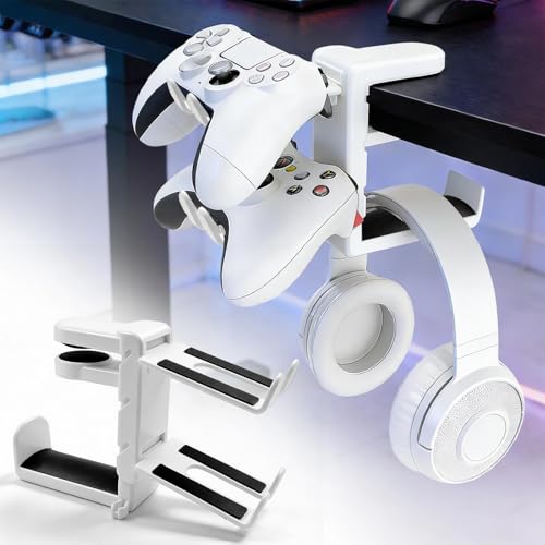 3-in-1 Gaming Headset Stand with Controller Holders Clamp-on Under Desk Rotating Headphone Hanger Adjustable PC Desk Headphone Holder with Cable Organizer - color: white