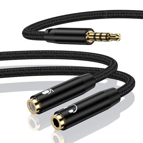 Headphone Splitter Adapter, 3.5mm 2 Female to 1 Male Dual Headphone & Microphone Jack Adapt er Audio Stereo Y Splitters Hi-Fi Sound Aux Extension Cable for Earphone Phone PS5 PS4 Switch Tablets - color: black