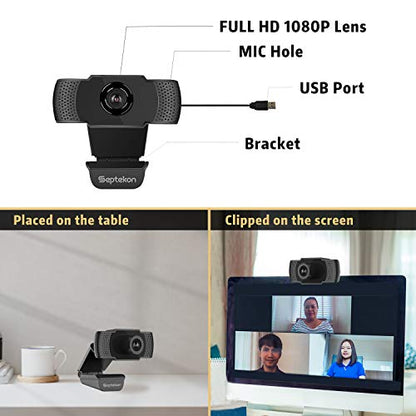 Septekon 1080P HD Webcam with Microphone, Streaming Computer Web Camera for Laptop/Desktop/Mac/TV, USB PC Cam for Video Calling, Conferencing, Gaming