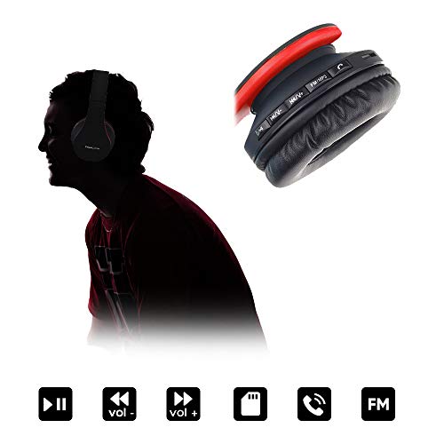PowerLocus Wireless Bluetooth Over-Ear Stereo Foldable Headphones, Wired Headsets Rechargeable with Built-in Microphone for iPhone, Samsung, LG, iPad (Black/Red) - color: Black/Red