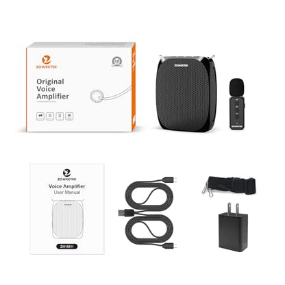 ZOWEETEK Wireless Voice Amplifier with Lavalier Mic for Teachers | Portable Speaker, Clip-On Microphone, Mini Design, Personal Mic System, for Speech, Meeting, Yoga - color: Black