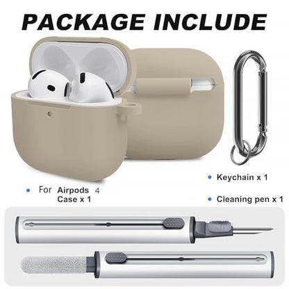 Silicone Case Cover for AirPods 4th Gen, Soft Skin, Full Protection, Keychain, Cleaner Kit (Milk Tea) - color: A5-Milk Tea
