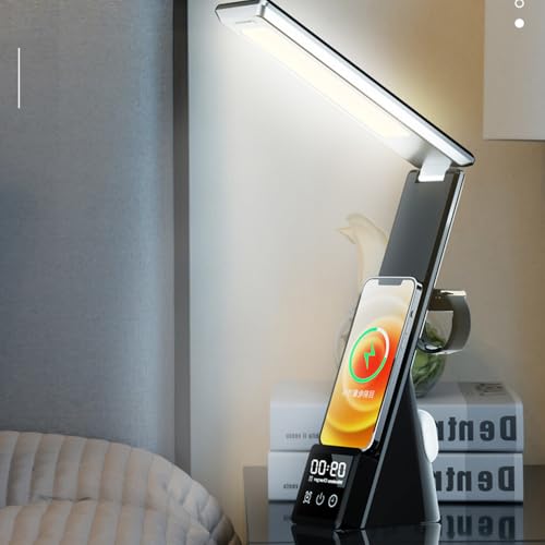 IHAO 6in1 Multifunctional Foldable LED Desk Lamp with Wireless Charger Digital Alarm Clock Eye-Care Lighting 3 Color Modes 15W Qi Charger for Phone/Headphones, Apple Watch Compatible-Black - color: Table Lamp Black