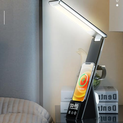 IHAO 6in1 Multifunctional Foldable LED Desk Lamp with Wireless Charger Digital Alarm Clock Eye-Care Lighting 3 Color Modes 15W Qi Charger for Phone/Headphones, Apple Watch Compatible-Black - color: Table Lamp Black