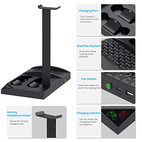 Cooling Fan with Charging Stand for Xbox Series S Console and Controller | Dual Charger Dock Accessories with 2 x 1400mAh Rechargeable Battery and Cover, Headphone Mount for Xbox Series S, Black - color: Black