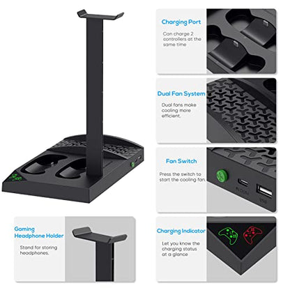 Cooling Fan with Charging Stand for Xbox Series S Console and Controller | Dual Charger Dock Accessories with 2 x 1400mAh Rechargeable Battery and Cover, Headphone Mount for Xbox Series S, Black - color: Black