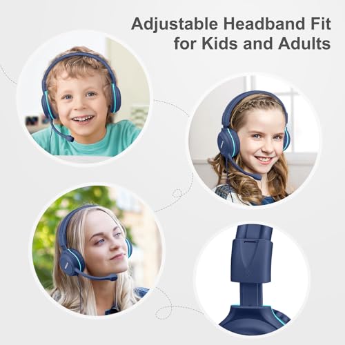 SIMOLIO Wired Headphones for School with Microphone, Stereo Kids Headphone with Flexible Swivel Boom Mic for Student K12 & Teacher & E-Learning, 3 Levels Volume Limiter Gaming Headsets for Boys, Girls - color: Aegean Blue 3.5mm
