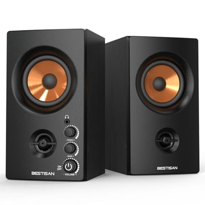 BESTISAN Active Bookshelf Speakers, 50W BT Home Speakers, 3’’ Woofer, 1’’ Silk Dome Tweeter PC Speakers, RCA Speakers for Desktop/Turntable/TV, Bass & Treble Adjustable, Headphone Port for Gaming