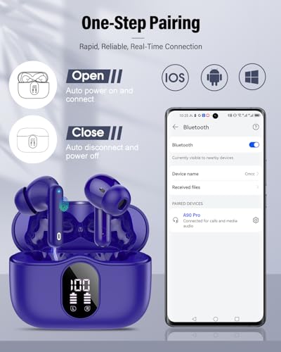 Wireless Earbuds, Bluetooth 5.4 Headphones Bass Stereo/Clear Call,Dark Blue | Ear Buds with Noise Cancelling Mic LED Display in Ear Earphones IP7 Waterproof 36H Bluetooth Earbuds for Phones/Sport/Laptop - color: Dark Blue