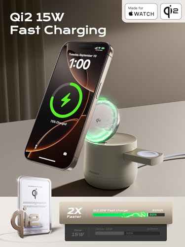 4 in 1 Qi2 Magnetic Wireless Charging Station, 15W Fast Charger with Made for Apple Watch Charging Module, for iPhone 17–12 Series & AirPods, 65W Adapter Included - color: Sand