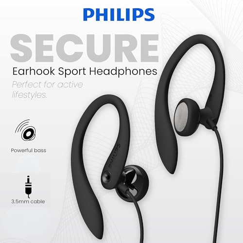 PHILIPS SHS3200BK Flexible Earhook Headphones, Black - color: Black, style: 3.5MM NO-MIC