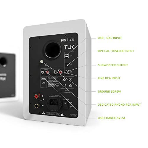 Kanto TUK Powered Speaker with Headphone Out | Built-in USB DAC | Dedicated RCA with Phono Pre-amp | Bluetooth | AMT Tweeter | 5.25" Driver | Pair | Matte White - color: Matte White