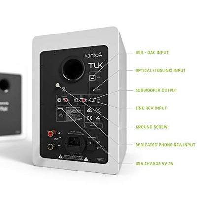 Kanto TUK Powered Speaker with Headphone Out | Built-in USB DAC | Dedicated RCA with Phono Pre-amp | Bluetooth | AMT Tweeter | 5.25" Driver | Pair | Matte White - color: Matte White