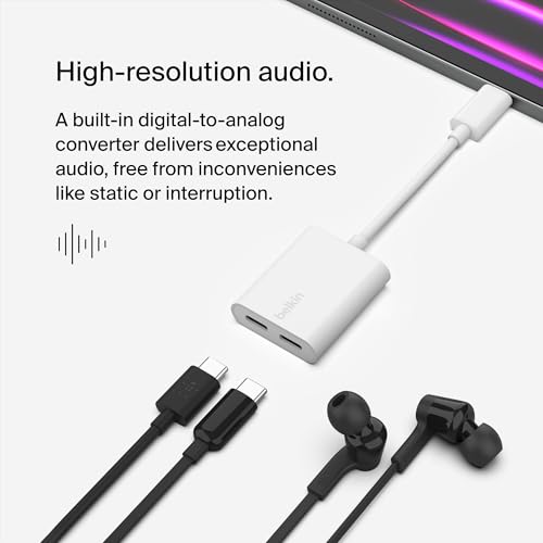 Belkin Rockstar USB-C Audio + Charge Adapter, 60W PD, White | Headphone jack plus USB-C charging pass-through, compatible with iPhone, iPad Pro, Galaxy, Pixel, OnePlus - color: White, size: USB-C, style: USB-C Audio + USB-C Charge