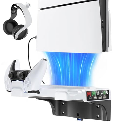 PS5 Wall Mount Kit with Cooling Fan & Controller Charging Station, PS5 Floating Shelf for PS5/Slim/Pro Disc & Digital Console, Mountable Behind PC Monitor for PS5 Accessories, Sega Genesis Consoles