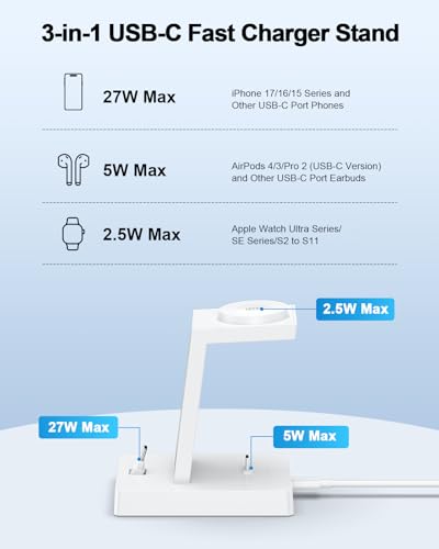 30W Fast Charging Station for Apple Devices - ADADPU 3 in 1 USB C Charger Stand for iPhone 17 16 15 Pro Max Plus & AirPods 4,Wireless Charger Dock Compatible with Apple Watch Ultra/10/9/8/7/6/5/4/3/SE - color: Classic White