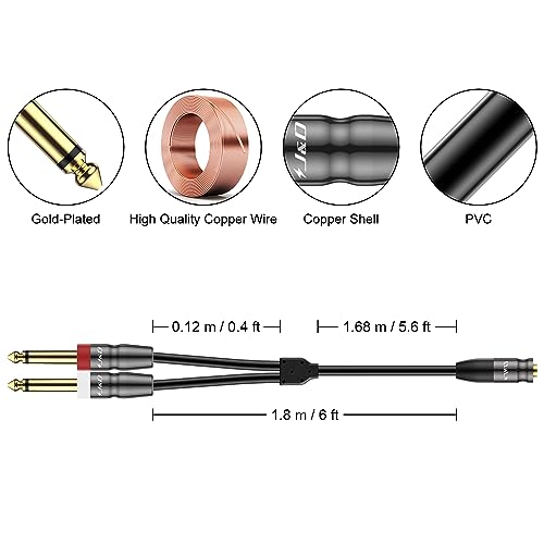J&D 3.5mm TRS to Dual 1/4 in TS Cable, Heavy Duty 3.5 mm to 2 x 6.35 mm Cable 3.5 mm 1/8 Female to 1/4 Male Cord for Mixer Guitar Piano Amplifier Speaker, 6 Feet (Pack of 2) - size: 6 Feet (Pack of 2)