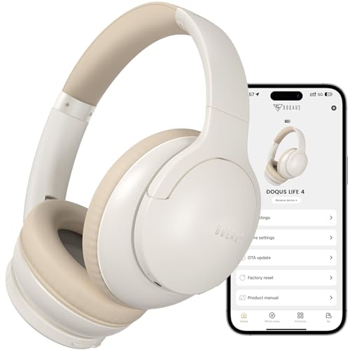 DOQAUS Bluetooth Headphones Over Ear, Headphones Wireless, APP Control | 90H Playtime, 9 EQ Modes, Bluetooth5.4, Hifi Stereo Sound Headphones, ENC Mic, Foldable, for Travel Work Study Phone, Ivory - color: Beige
