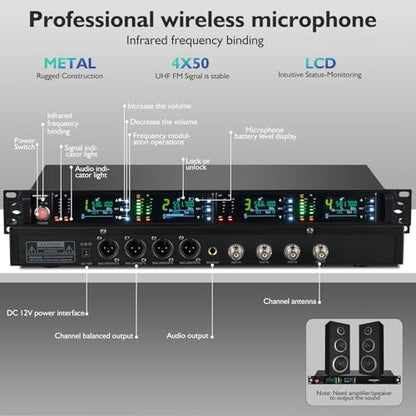 Wireless Microphone System with 4 Channel Wireless Mics | Professional Handheld Dynamic Microphones, IR Auto Scan, 4x50 UHF Frequencies, 328ft Range, Mics for Singing, Church, Karaoke